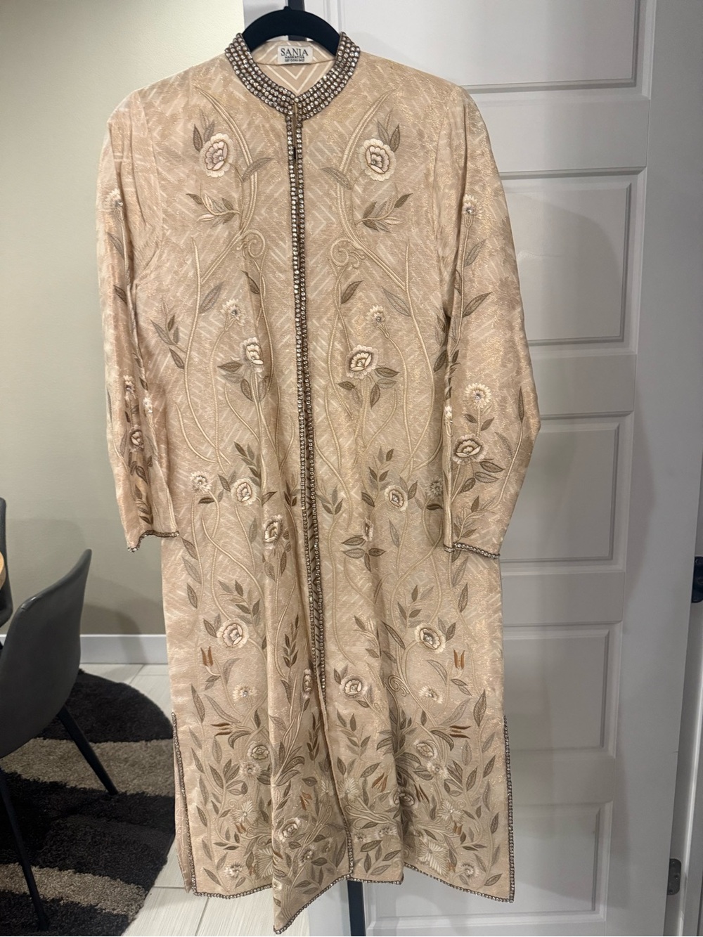 Sania Beige Floral Embroidered Long Sleeve Dress